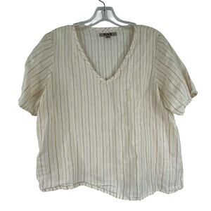 Flax Stripped Boxy Blouse Women's Small 100% Linen Country Charm Minimalist